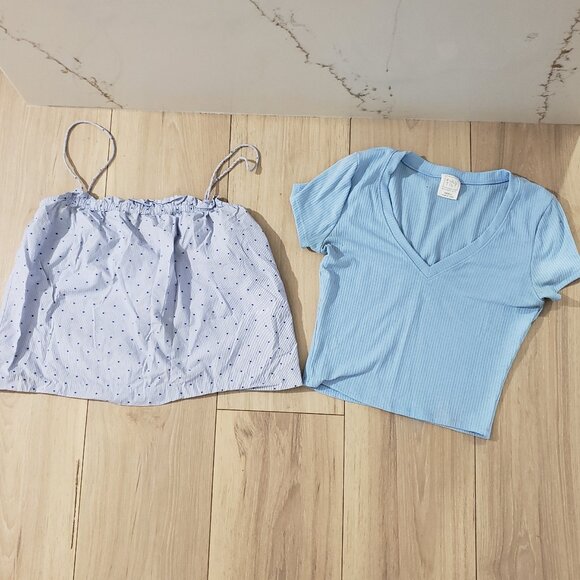 Bundle 2 Tops Womens S-4 Blue Ribbed and Polka Dot Summer Set - Picture 1 of 5